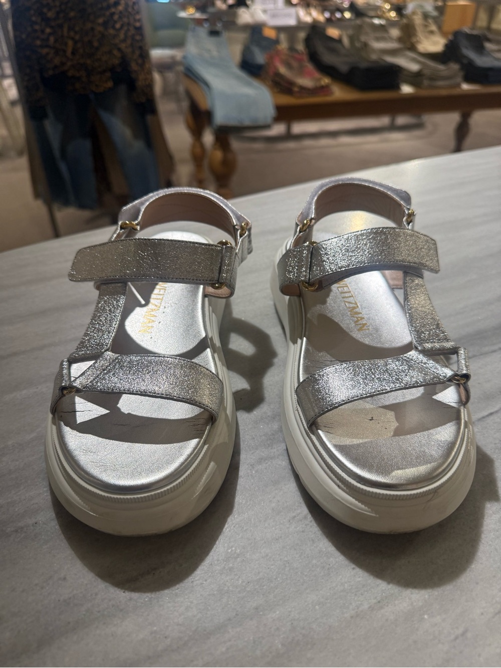 Stuart Weitzman Silver Glitter Platform Sport Sandals